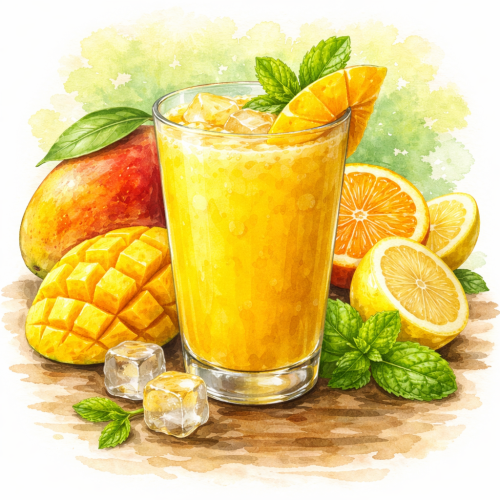 Mango Sunshine juice with fresh mango and citrus – vitamin rich tropical drink