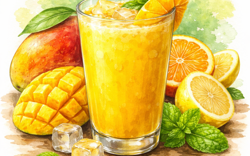 Mango Sunshine juice with fresh mango and citrus – vitamin rich tropical drink