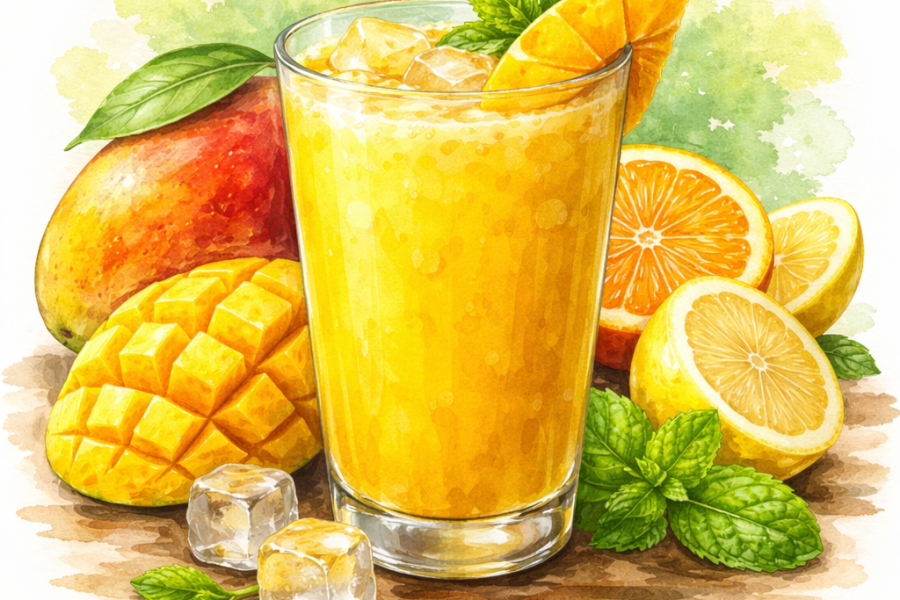 Mango Sunshine juice with fresh mango and citrus – vitamin rich tropical drink